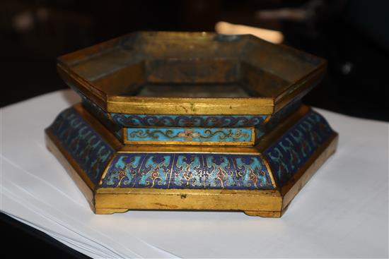 A Chinese cloisonne enamel stand and various wood stands